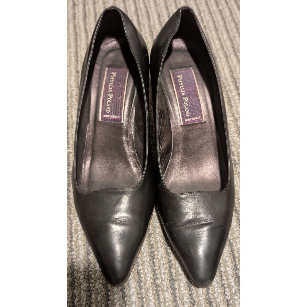 Vintage Phyllis Poland Black Leather Pumps Leopard Accent Heel Made in Italy 8